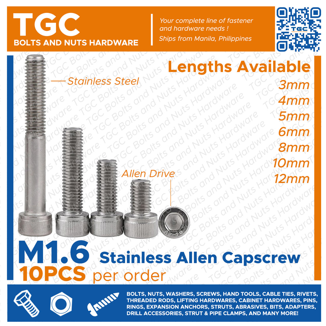 10PCS SS Allen Capscrew M 1.6 x 3~25mm long