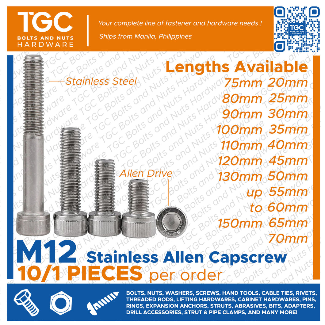 1PC SS Allen Capscrew M 12 x 20~150mm long