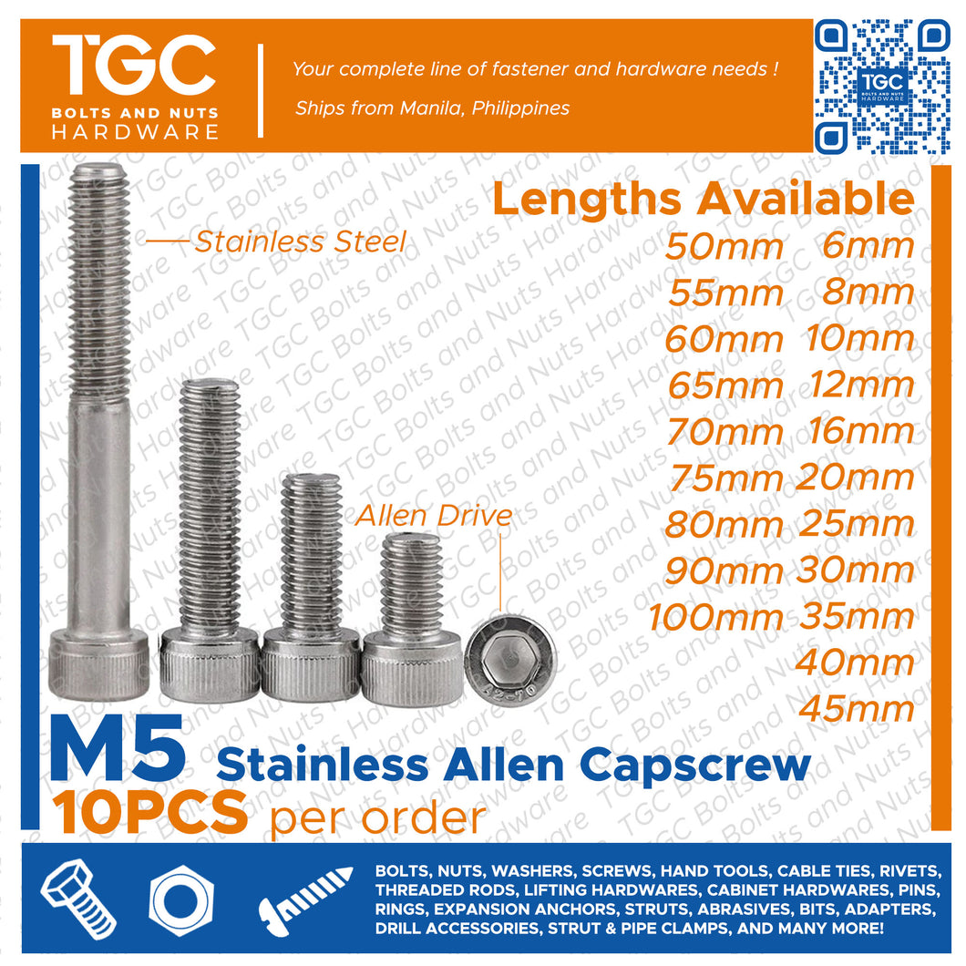 10PCS SS Allen Capscrew M 5 x 6~100mm long